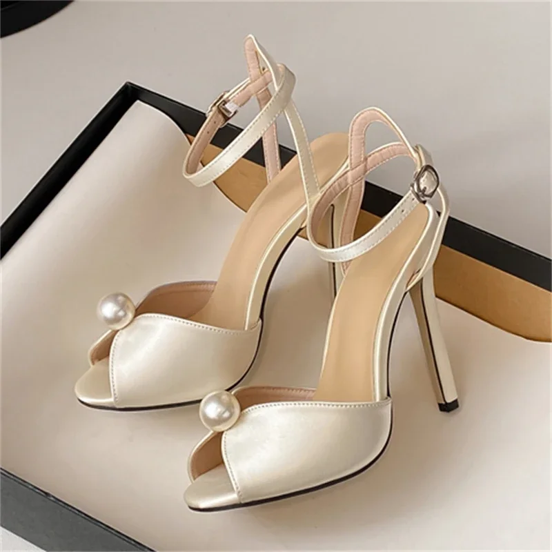 Eilyken Beaded Ankle Strap Stilettos - Open Toe Party Heels