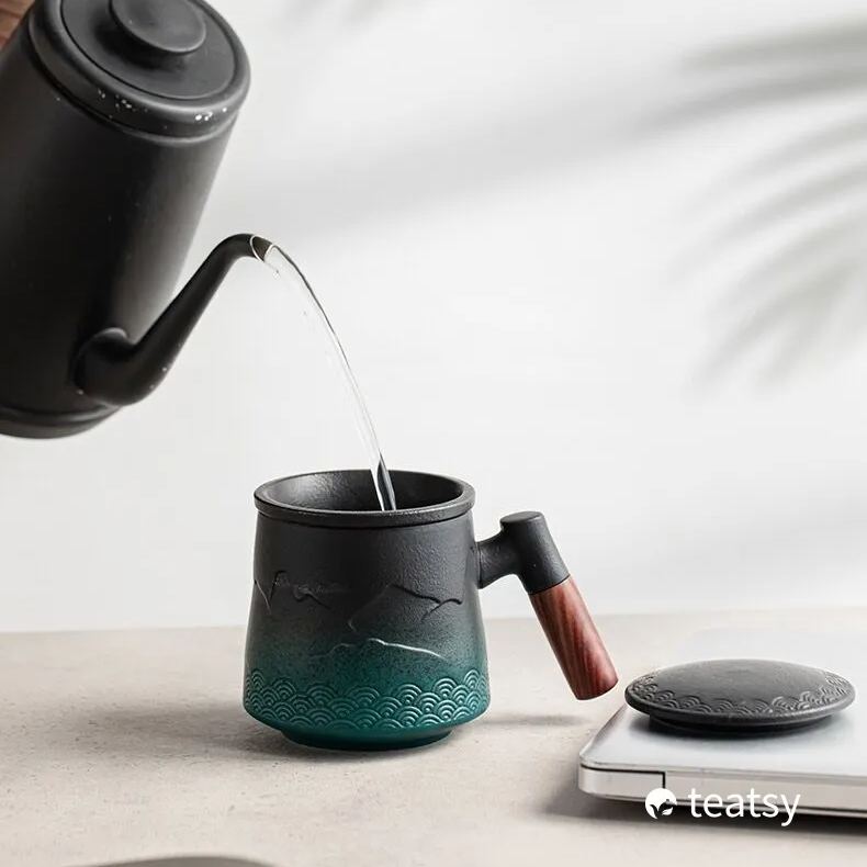 Summer SALE“Mountain” - Embossed Ceramic Tea Mug With Wooden Handle and Removable Infuser