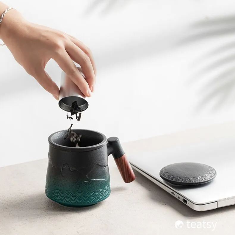 Summer SALE“Mountain” - Embossed Ceramic Tea Mug With Wooden Handle and Removable Infuser